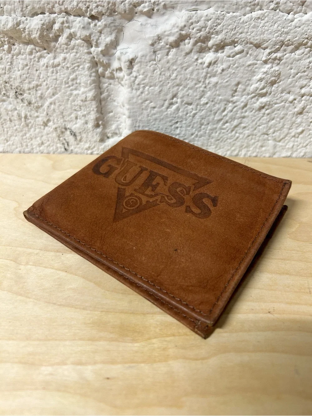 Vintage GUESS Men's Brown Suede Tri-Fold Wallet with Big Embossed Logo RARE